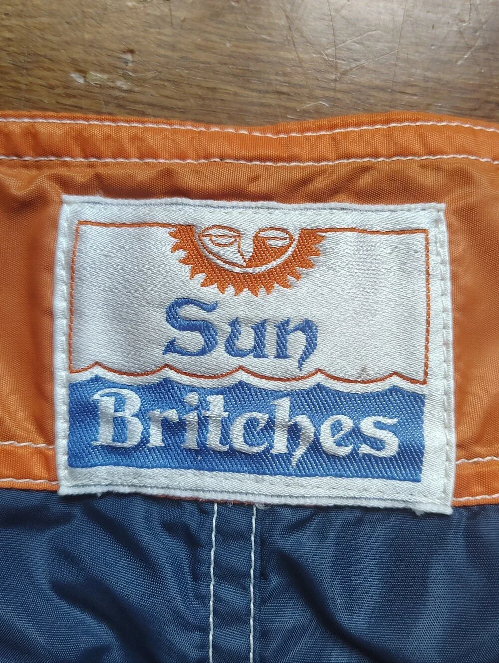 70s 80s Vintage Sz 32 Sun Britches Navy Blue Orange Men Swim Trunks Board Shorts